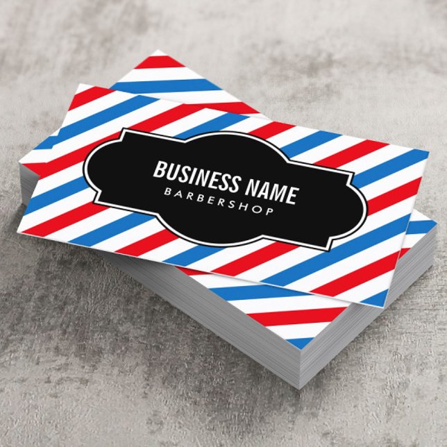 Barber Shop Professional Blue & Red Stripes Business Card (Creator Uploaded)