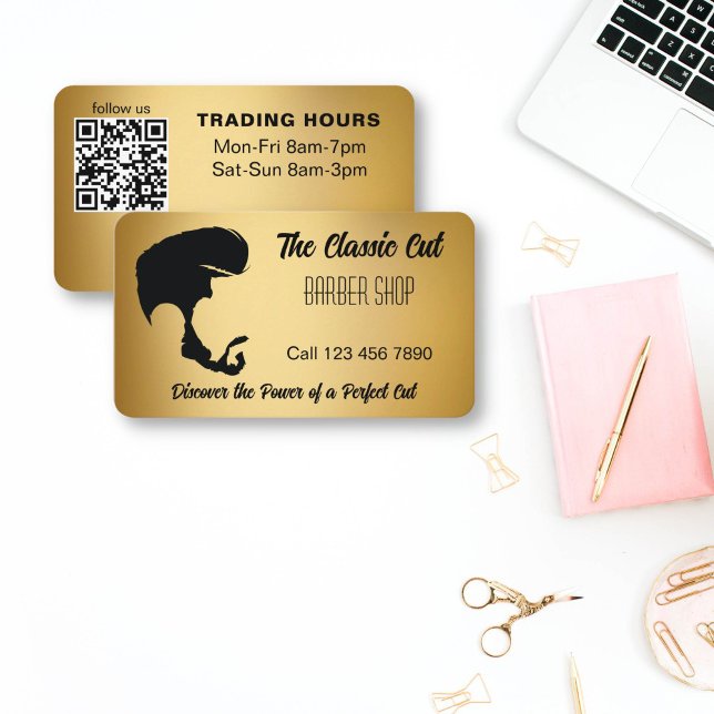 Barber shop qr code gold and black business card (Barber shop business cards qr code gold and black men haircut silhouette barber business cards)