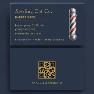 Barber Shop QR Code Navy Blue Business Card