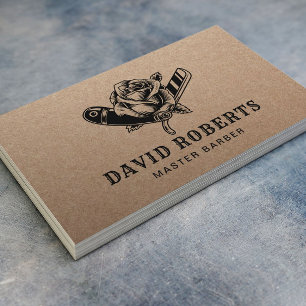 Barber Shop Razor & Rose Barbershop Rustic Kraft Business Card