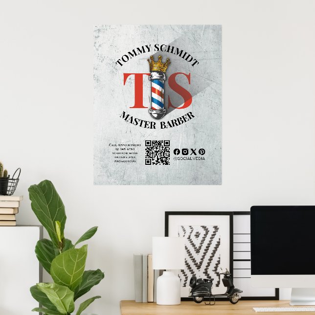 Barber Shop Royal Crown Barber Pole Hair Salon QR Poster (Home Office)