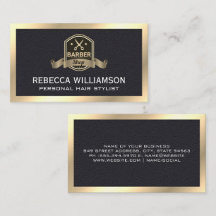 Barber Shop Scissors Leather Gold Metal Trim Business Card