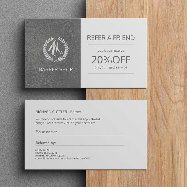 Barber shop silver grey logo referral template card (Creator Uploaded)