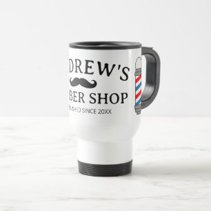 Barber shop travel mug with black moustache logo
