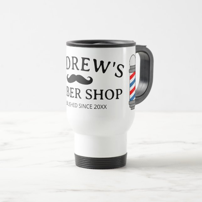 Barber shop travel mug with black moustache logo (Front Right)