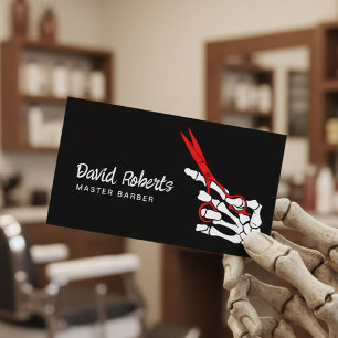 Barber Skeleton Hand & Red Scissor Hair Stylist Business Card