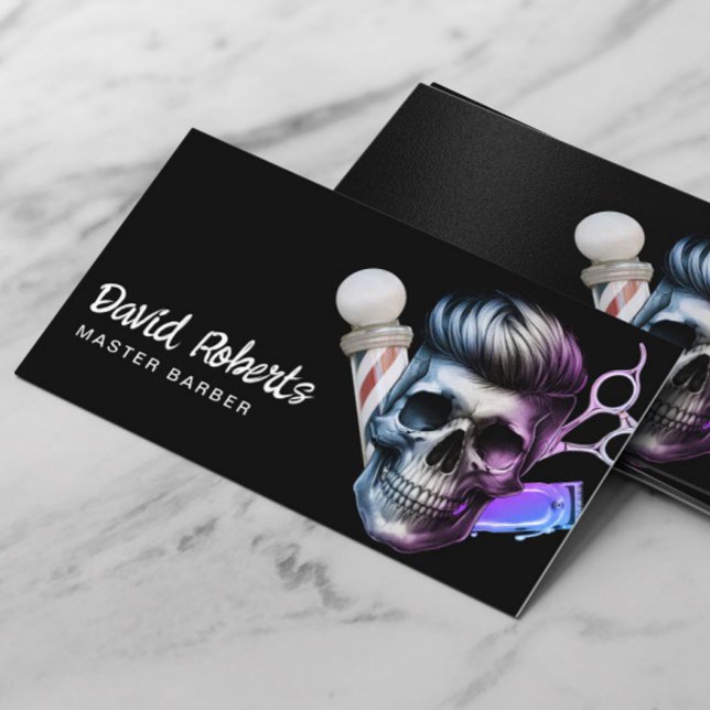 Barber Skull Barbershop Hair Stylist Modern Black Business Card (Creator Uploaded)