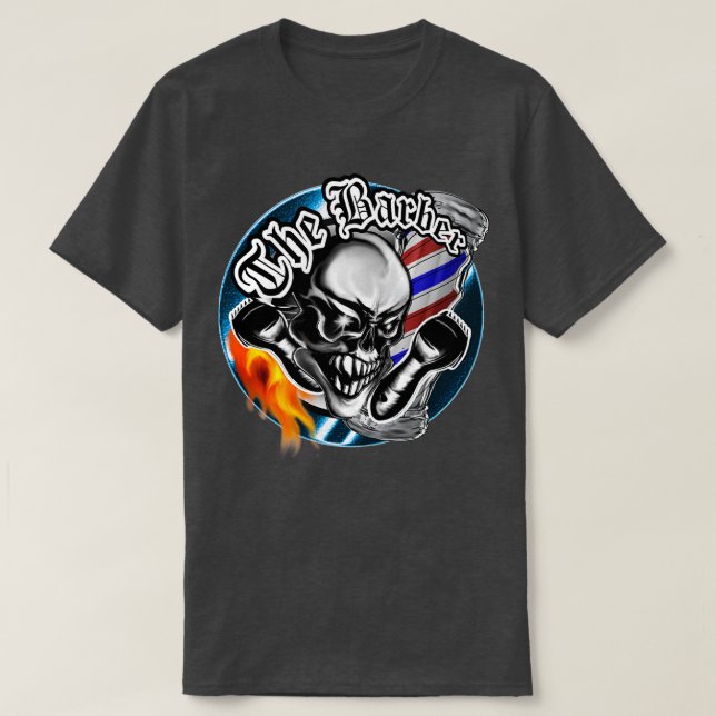 Barber Skull with Flaming Razor 1 T-Shirt (Design Front)