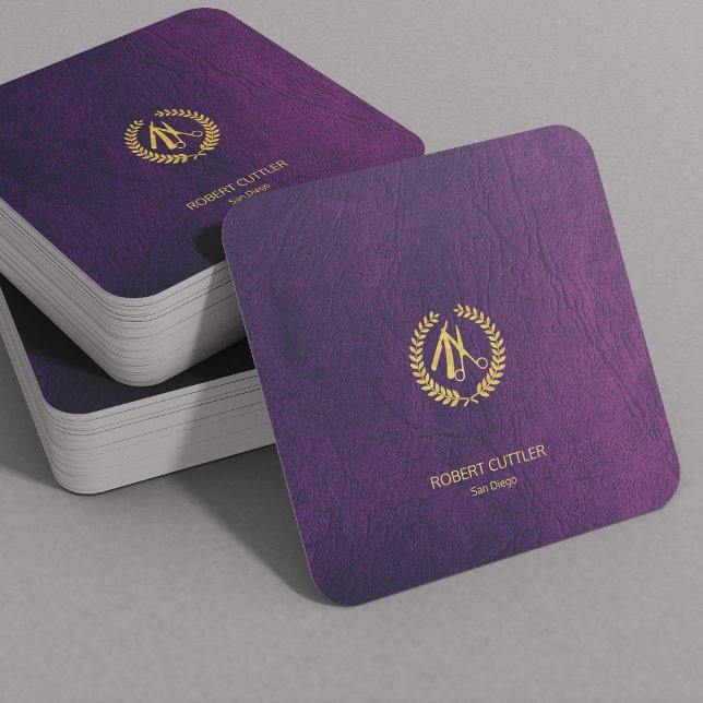 Barber stylist luxury gold purple leather look square business card (Creator Uploaded)