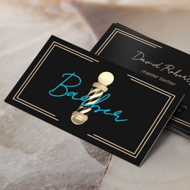Barber Teal Script Gold Framed Hair Stylist Black Business Card (Creator Uploaded)