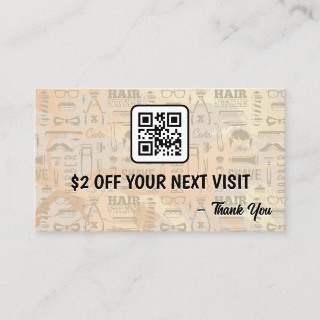 Barber Tools Pattern | Discount QR Code Business Card (Front)