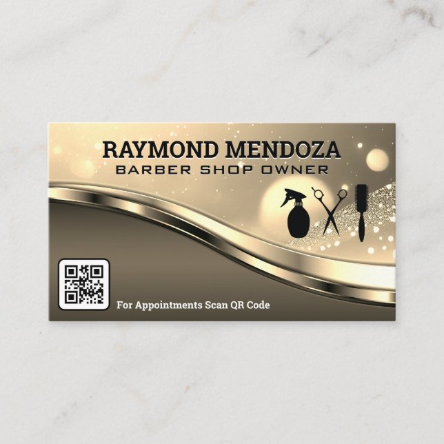 Barber Tools | QR Code | Metal | Sparkle Gold  Business Card (Front)