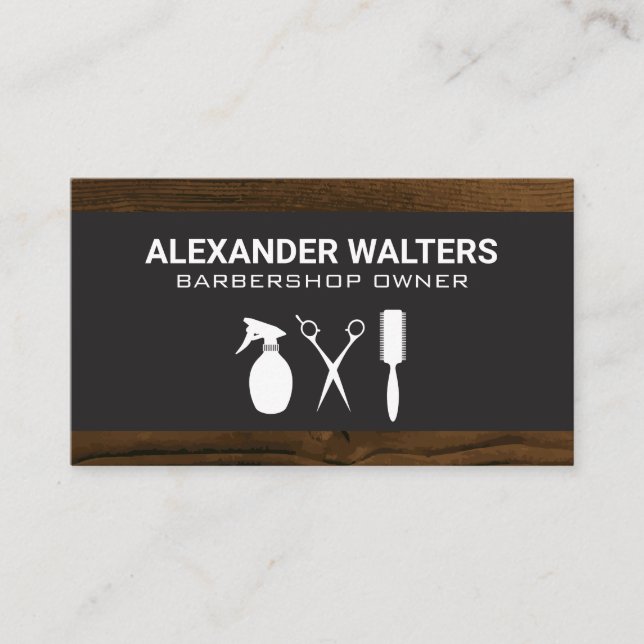 Barber Tools | Wood  Business Card (Front)