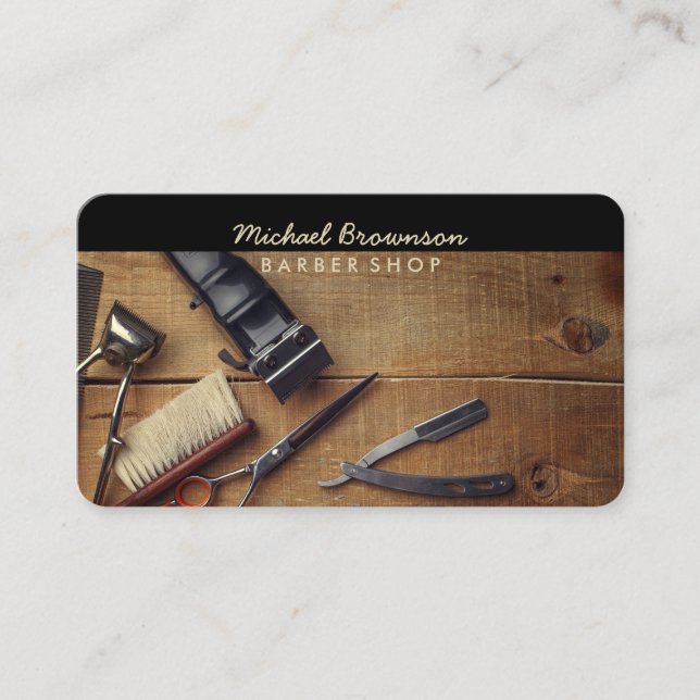 Barber Tools Wood Rustic Business Card (Front)