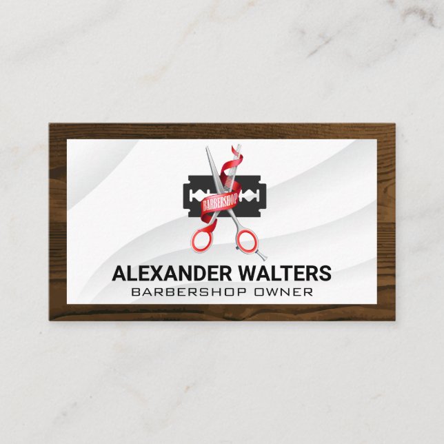Barber Tools Wood Trim Border Business Card (Front)