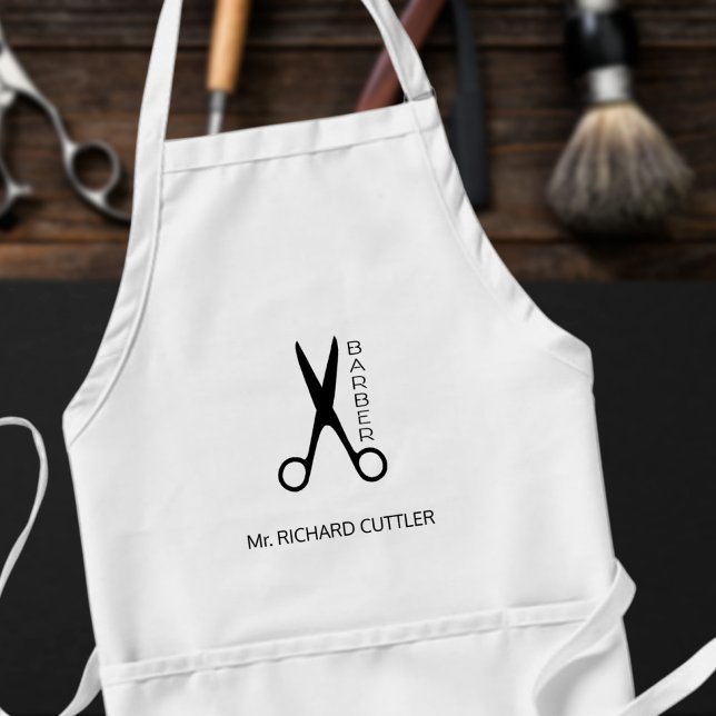 Barbers name and logo barber shop black and white standard apron (Creator Uploaded)