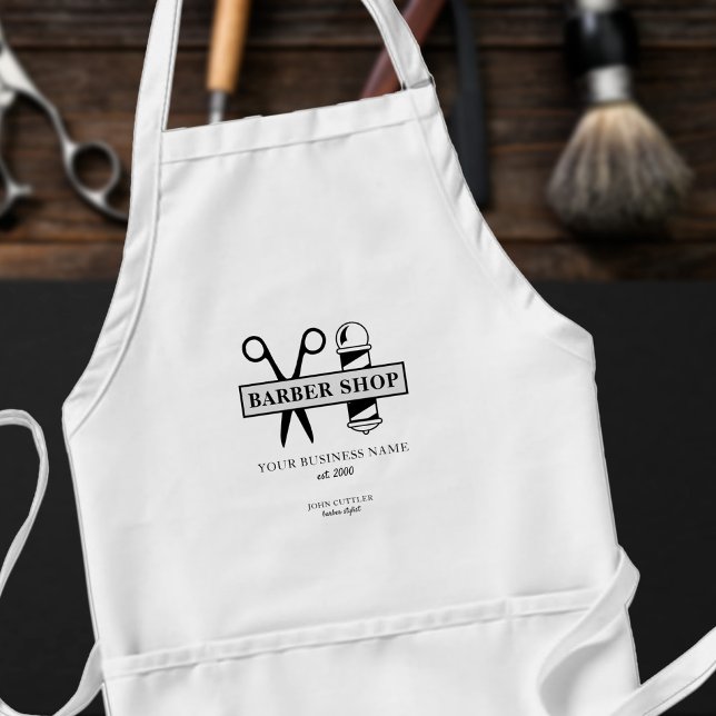 Barbers name and logo barber shop salon modern standard apron (Creator Uploaded)