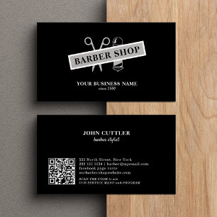 Barbershop barber QR code pole scissor black Business Card