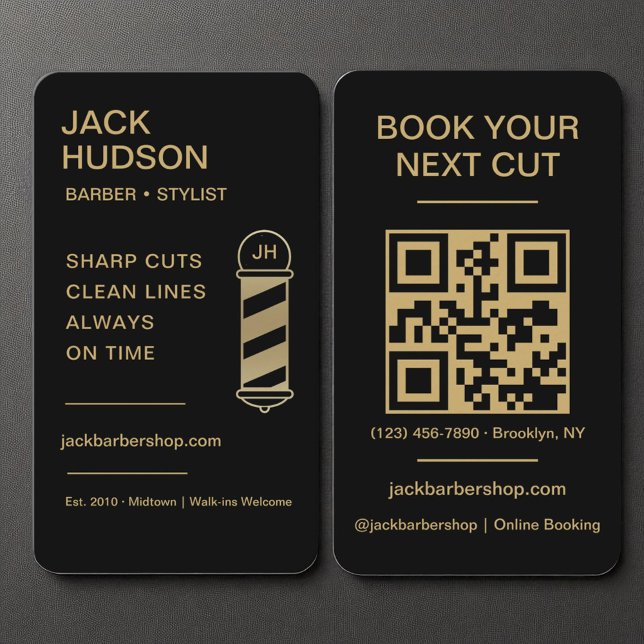 Barbershop Black Gold Barber Haircut QR Code Business Card (Creator Uploaded)
