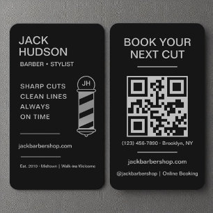 Barbershop Black Silver Barber Haircut QR Code Business Card