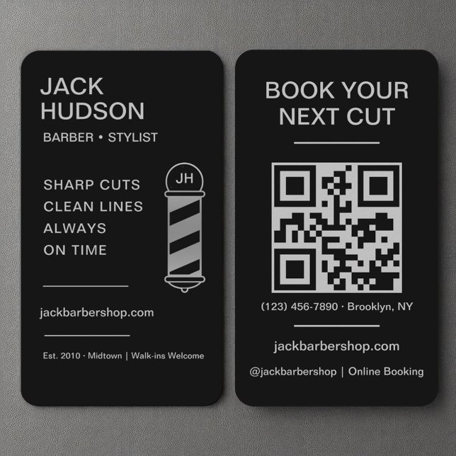 Barbershop Black Silver Barber Haircut QR Code Business Card (Creator Uploaded)