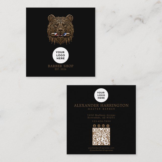 Barbershop Bronze Bear Professional Qr Code Square Business Card (Front/Back)