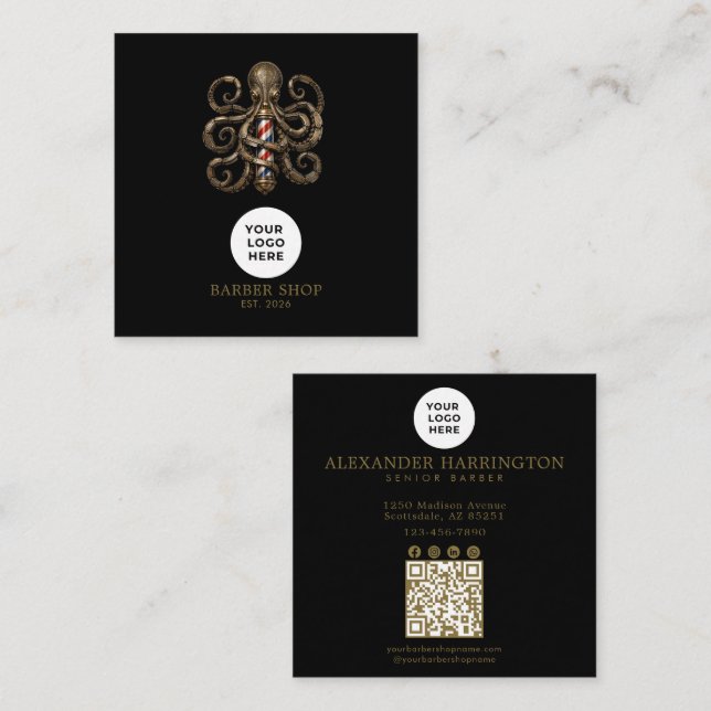 Barbershop Bronze Octopus Professional Qr Code Square Business Card (Front/Back)