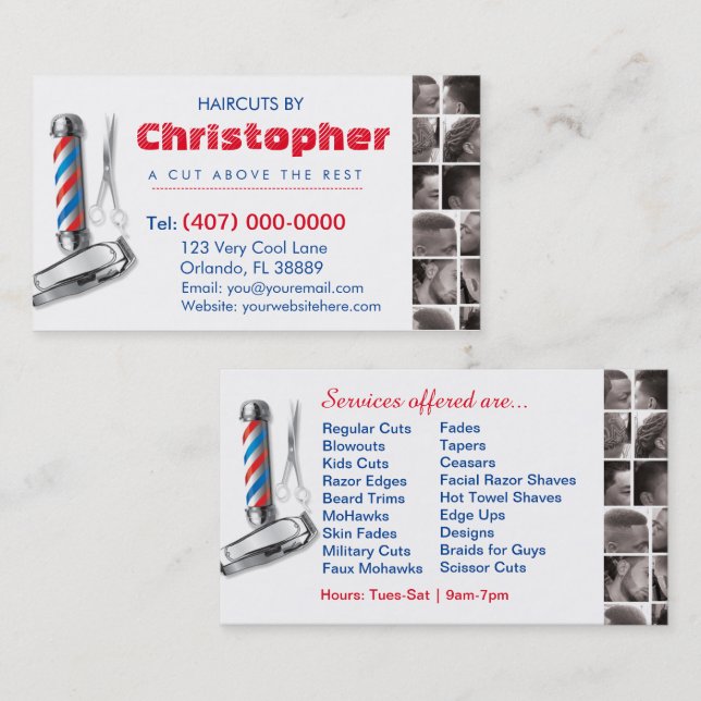 Barbershop Business Card-Barber pole, clippers com Business Card (Front/Back)