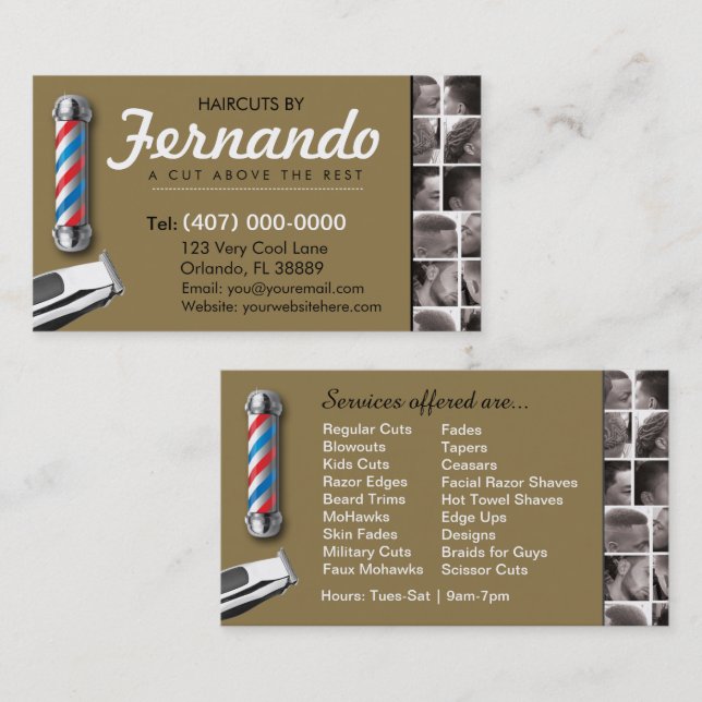 Barbershop Business Card-Barber pole, clippers com Card (Front/Back)