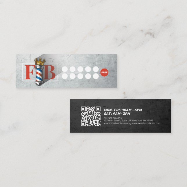 BarberShop Crown Barber Pole Hair Salon Loyalty QR Mini Business Card (Front/Back)