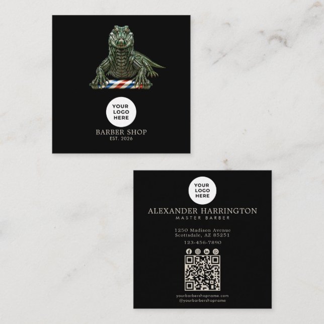 Barbershop Emerald Alligator Professional Qr Code Square Business Card (Front/Back)
