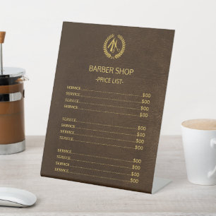 Barbershop faux brown leather price list services pedestal sign