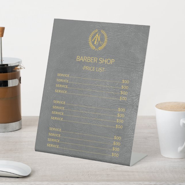 Barbershop faux grey leather price list services pedestal sign (In SItu)