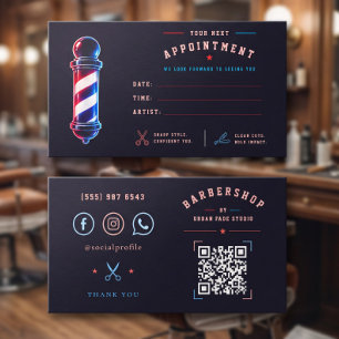 Barbershop Glowing Bold Blue Red Pole Logo Appointment Card