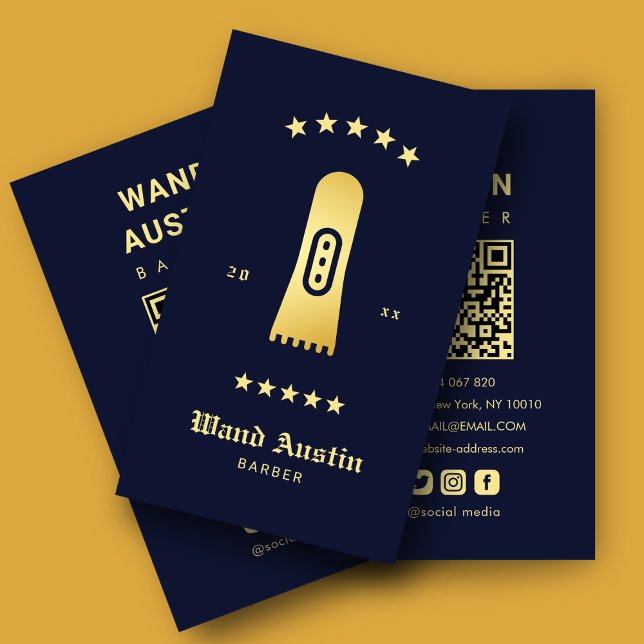 Barbershop Hair Clipper Navy And Gold Qr Code  Business Card (Creator Uploaded)