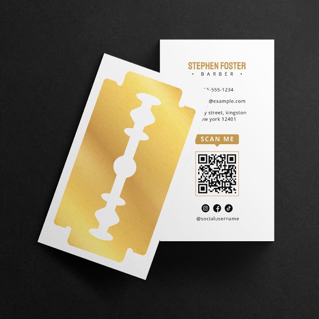 Barbershop Hair White Gold Razor Blade Barber Shop Business Card (Creator Uploaded)