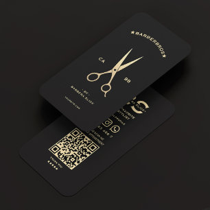 Barbershop Hairstylist Black Gold Scissors Modern Business Card