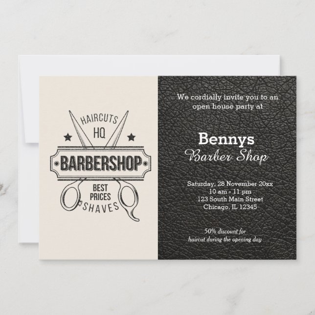 Barbershop leather look open day invitation (Front)