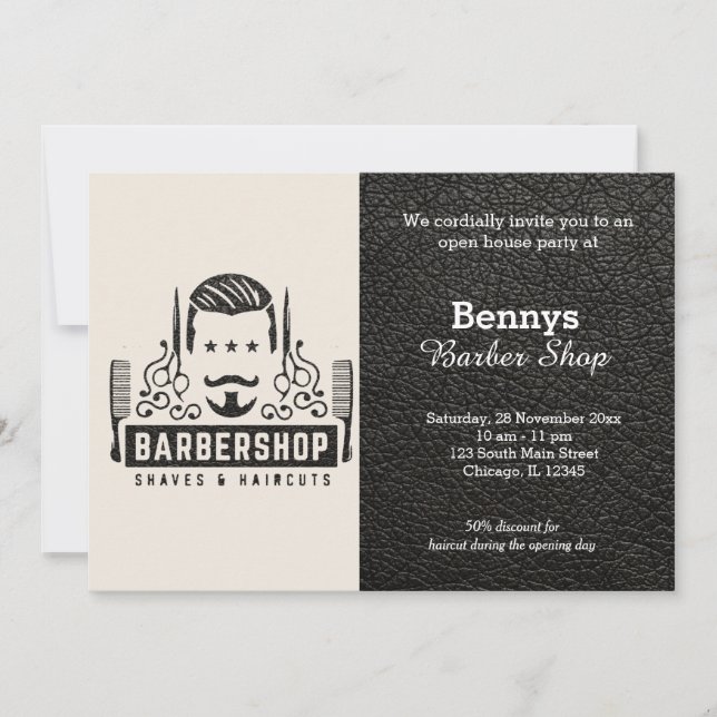 Barbershop leather look open day invitation (Front)