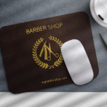 Barbershop logo and name personalised brown gold mouse pad<br><div class="desc">Barber shop men salon mouse pad with faux gold logo and barber shp name typography script on a dark brown leather look (PRINTED,  NO REAL LEATHER) background.             You can change the predefined logo with your own.</div>