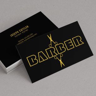 Barbershop modern gold scissors black business card