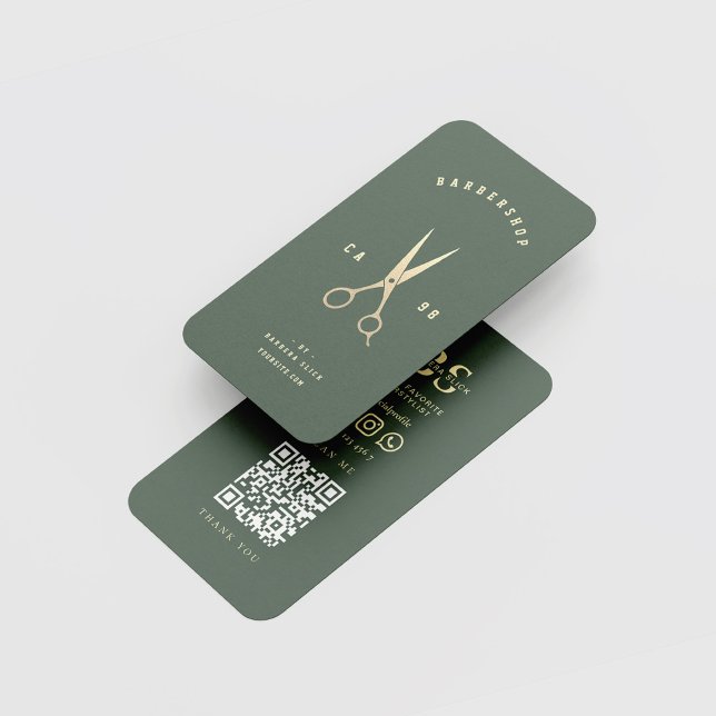 Barbershop Monogram Gold Scissors Barber Green Business Card (Creator Uploaded)