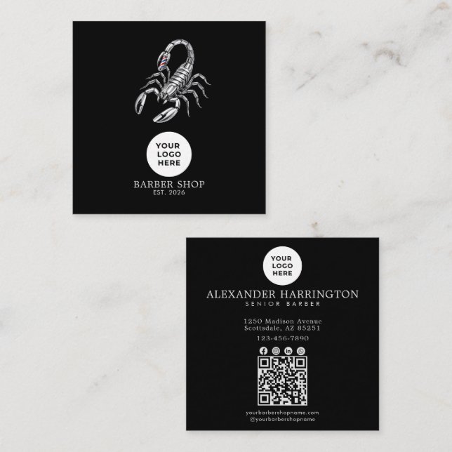 Barbershop Professional Silver Scorpion Qr Code Square Business Card (Front/Back)