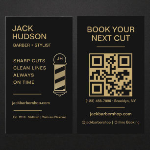 Barbershop QR Code Black Gold Barber Haircut Business Card