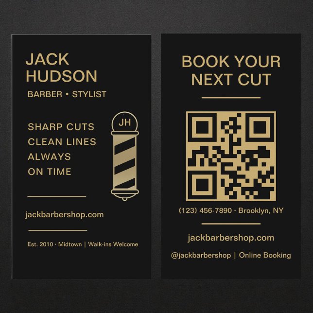 Barbershop QR Code Black Gold Barber Haircut  Business Card (Creator Uploaded)