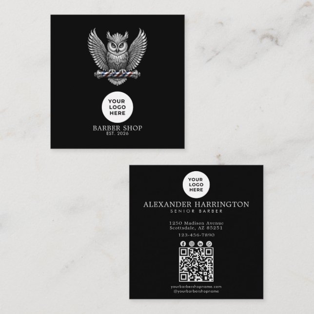 Barbershop Silver Owl Professional Logo Qr Code Square Business Card (Front/Back)