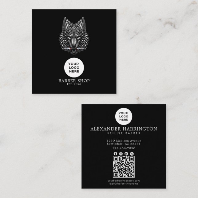 Barbershop Silver Wolf Professional Logo Qr Code Square Business Card (Front/Back)