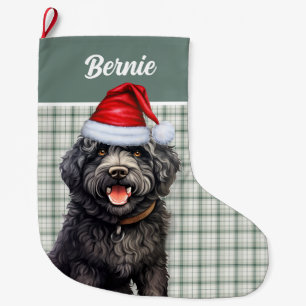 Barbet Dog Green Plaid with Name Large Christmas Stocking