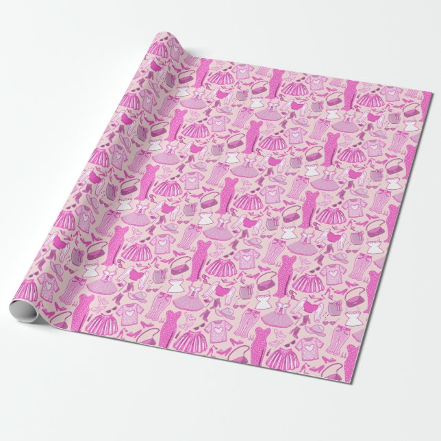 Barbiecore Pink and Hot Pink Fashion Wrapping Paper (Unrolled)