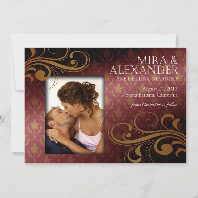 Barbizon Damask Scroll - dk rose|gold Wedding Invitation (Front)